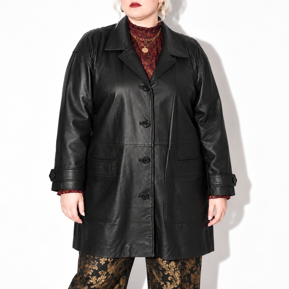 Leather Coat Womens 3XL Plus Black Vintage 90s Newport News Button Front Coat